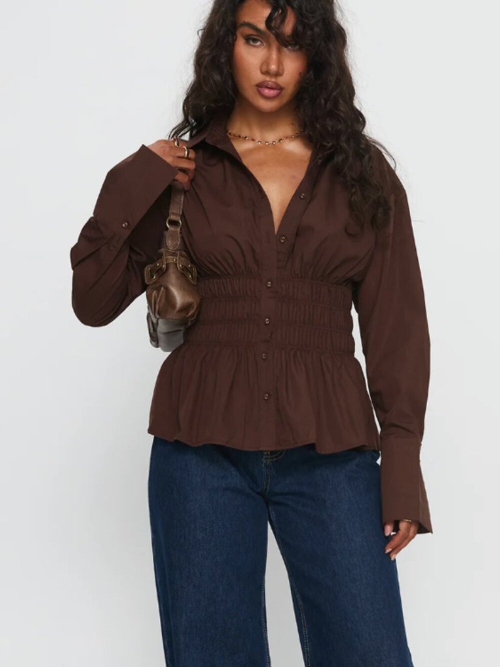 Princess Polly As You Are Shirred Button Up Top Chocolate NWT